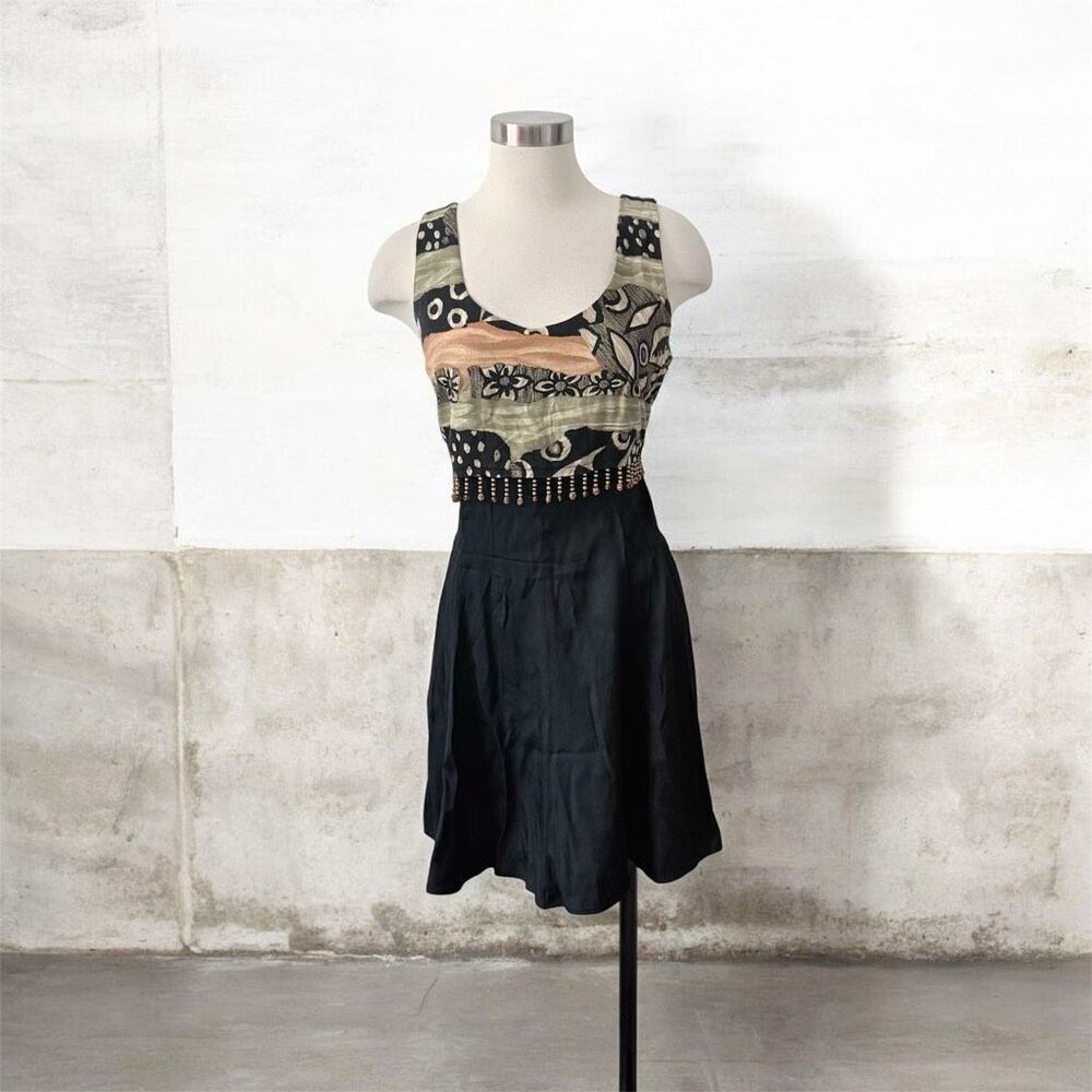 Vintage Just Choon Black Floral Mini Fringe Beaded Dress Vest Medium